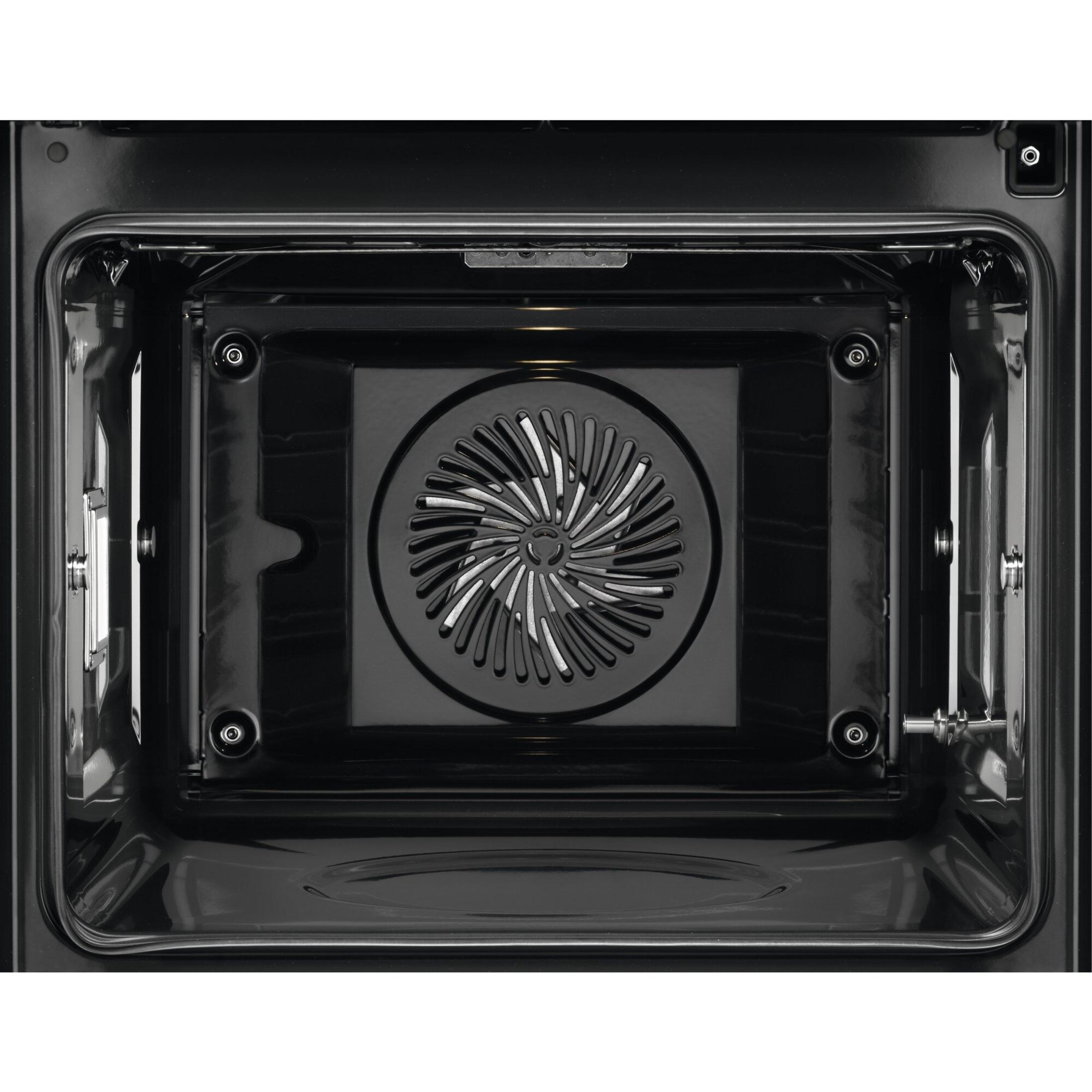 Vista interna di un forno nero con ventola e resistenze.