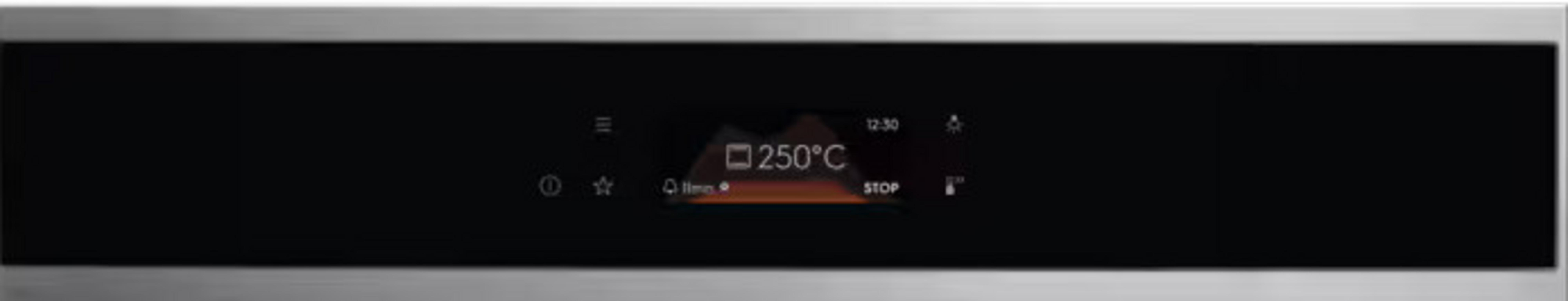 Pannello di controllo forno mostra 250°C, 10 min rimasti, stop.
