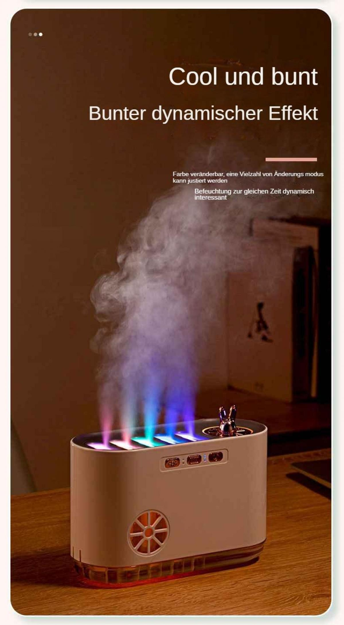 Ein weißer Diffusor mit bunten Lichtern, der Dampf ausstößt.
