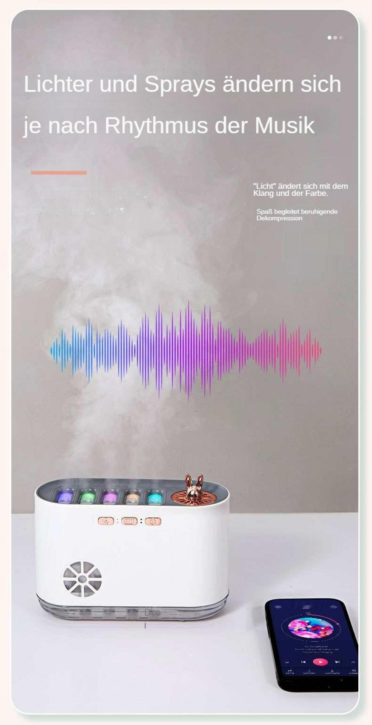Ein Diffusor mit Lichter, die sich mit Musik synchronisieren. Ein Handy spielt Musik.