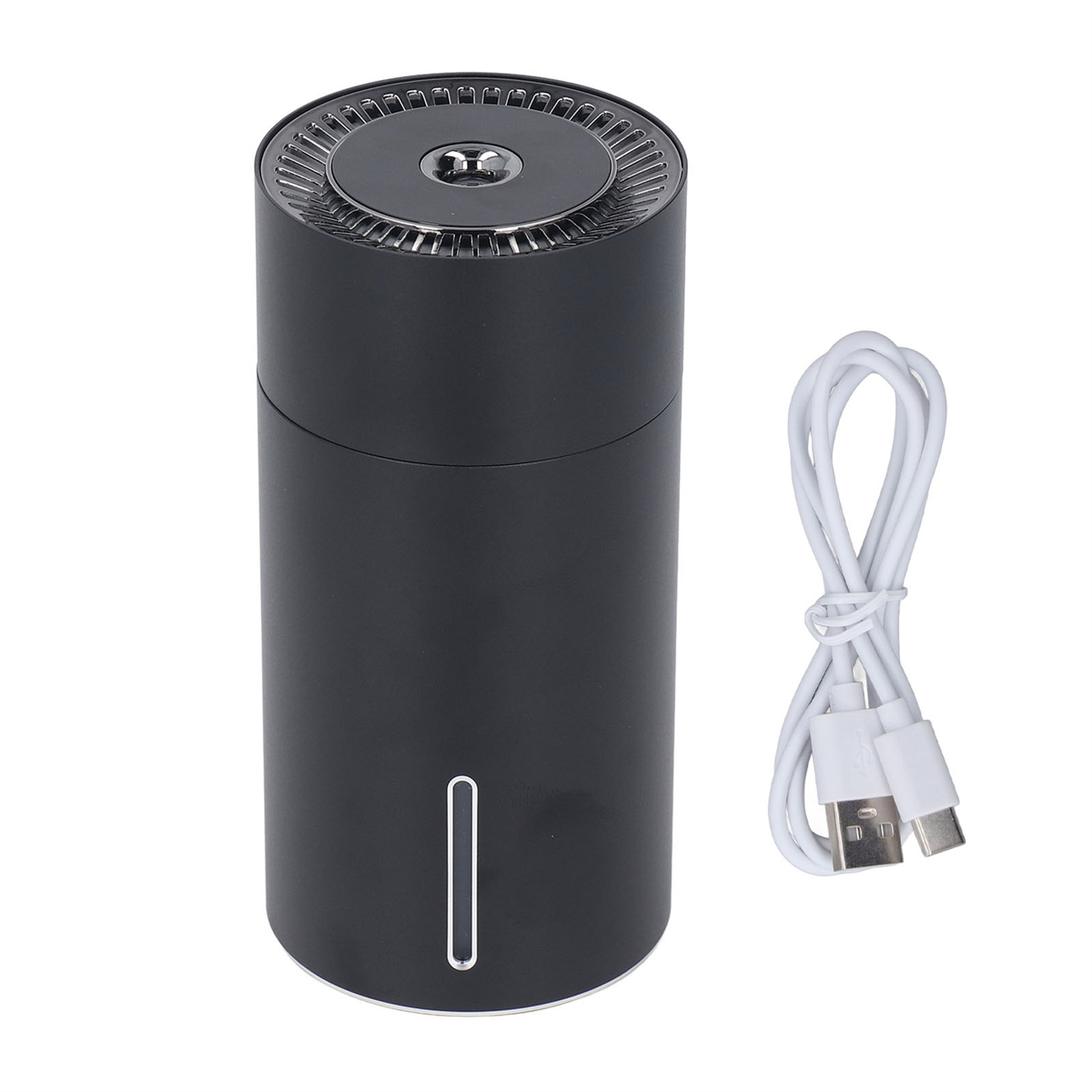 Ein schwarzer Luftbefeuchter mit einem USB-Kabel daneben.