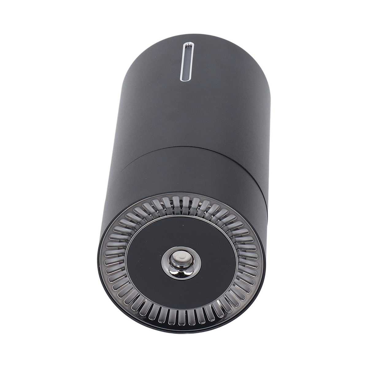 Ein schwarzer zylindrischer Sensor mit einem Linsenring und einem zentralen Knopf.