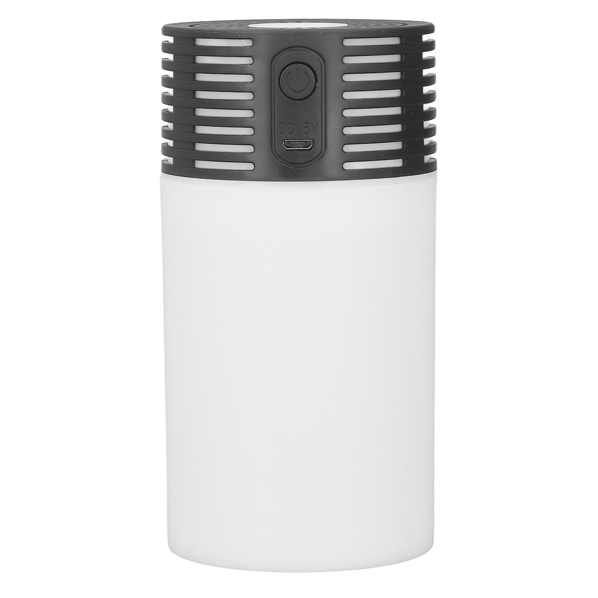 Eine weiße zylindrische Lampe mit schwarzem Lamellengehäuse und Ein-/Aus-Schalter.