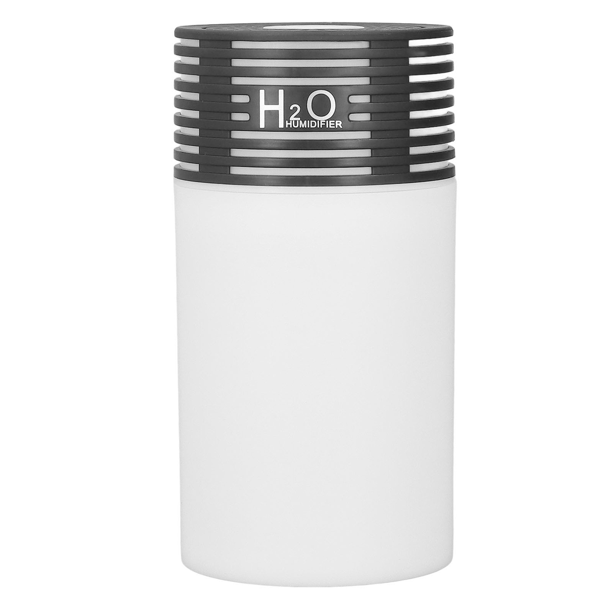 Ein weißer H2O-Luftbefeuchter mit schwarzem Deckel und Lüftungsschlitzen.