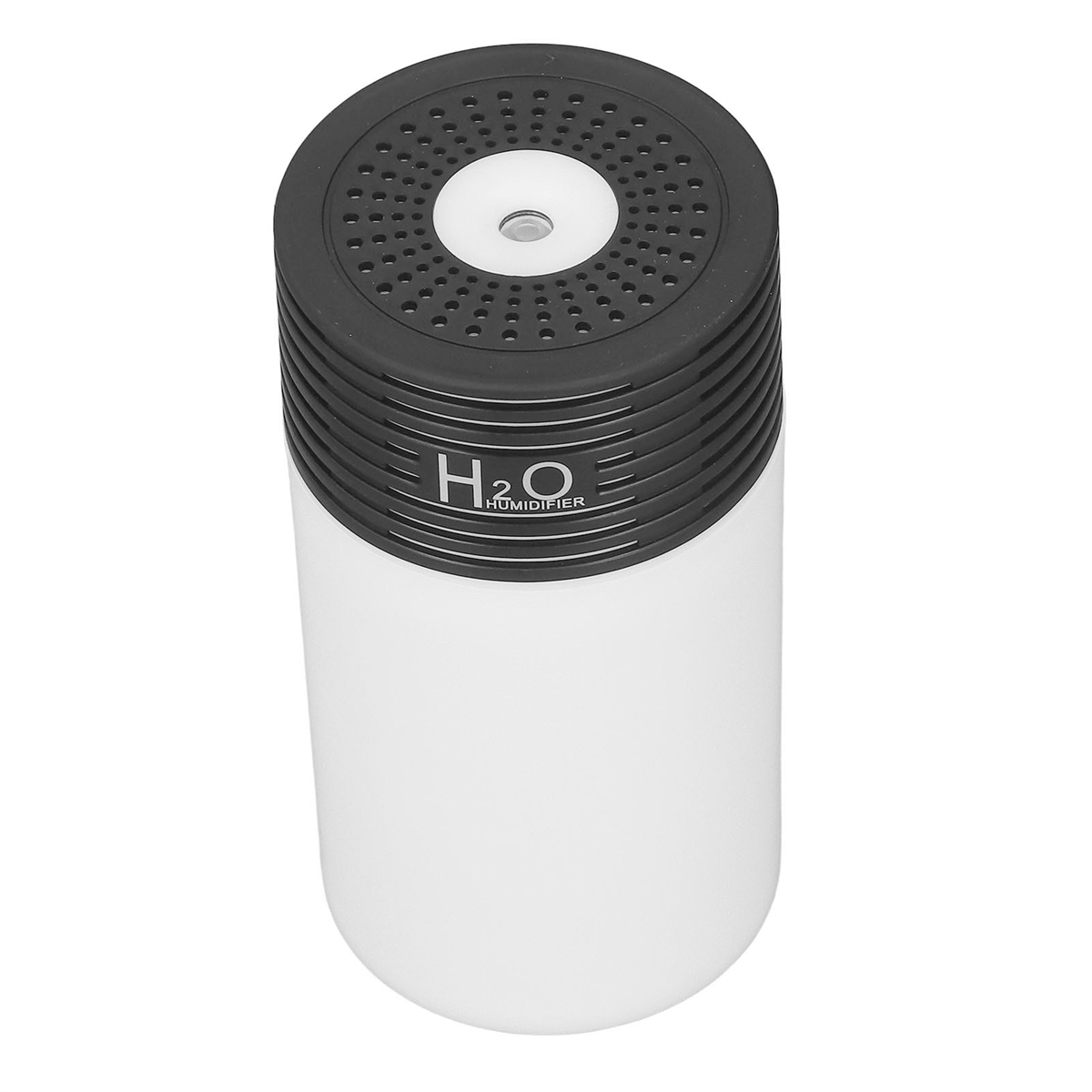 Ein weißer Luftbefeuchter mit schwarzem Deckel und H2O-Aufschrift.