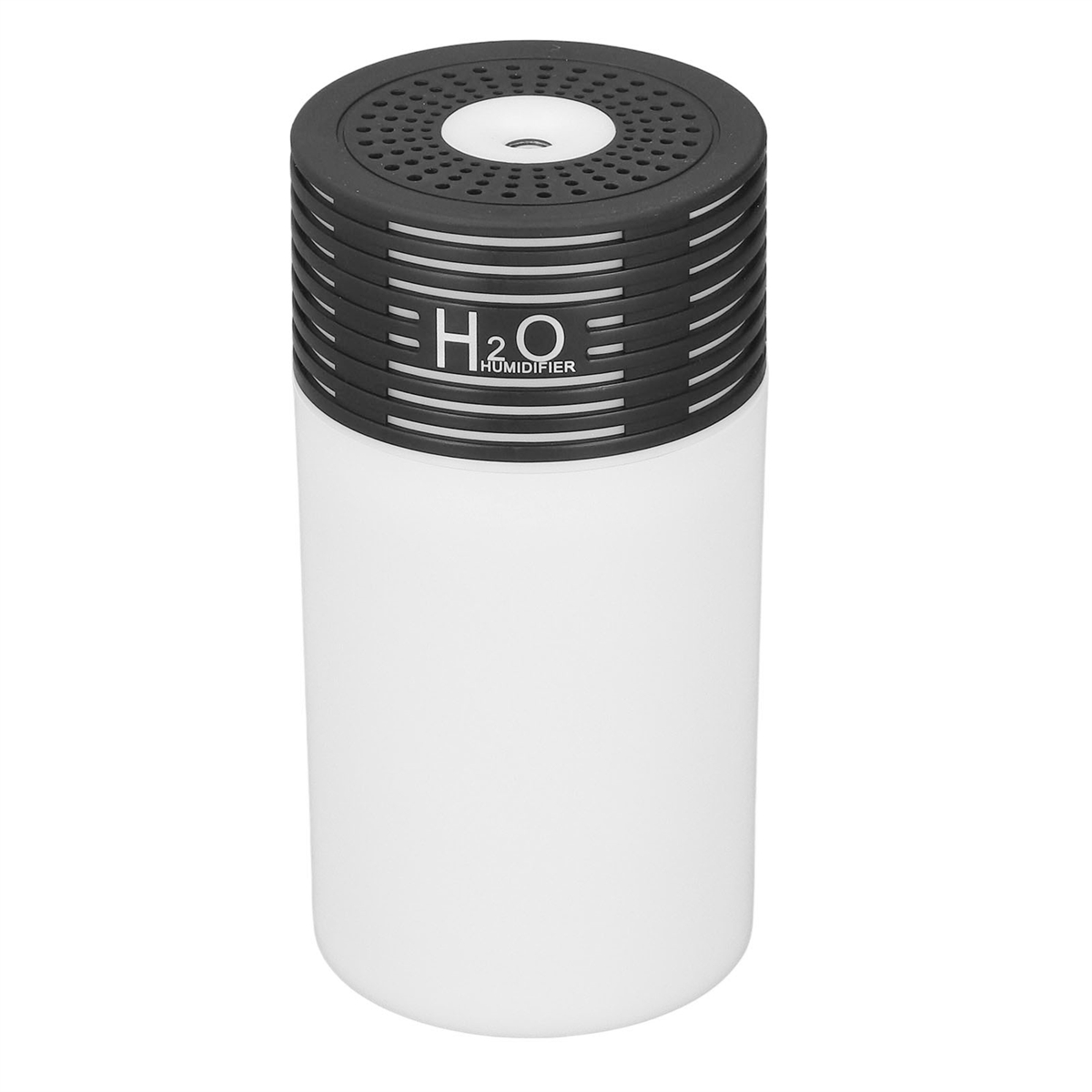 Ein weißer H2O-Luftbefeuchter mit schwarzer Oberseite und Lüftungslöchern.