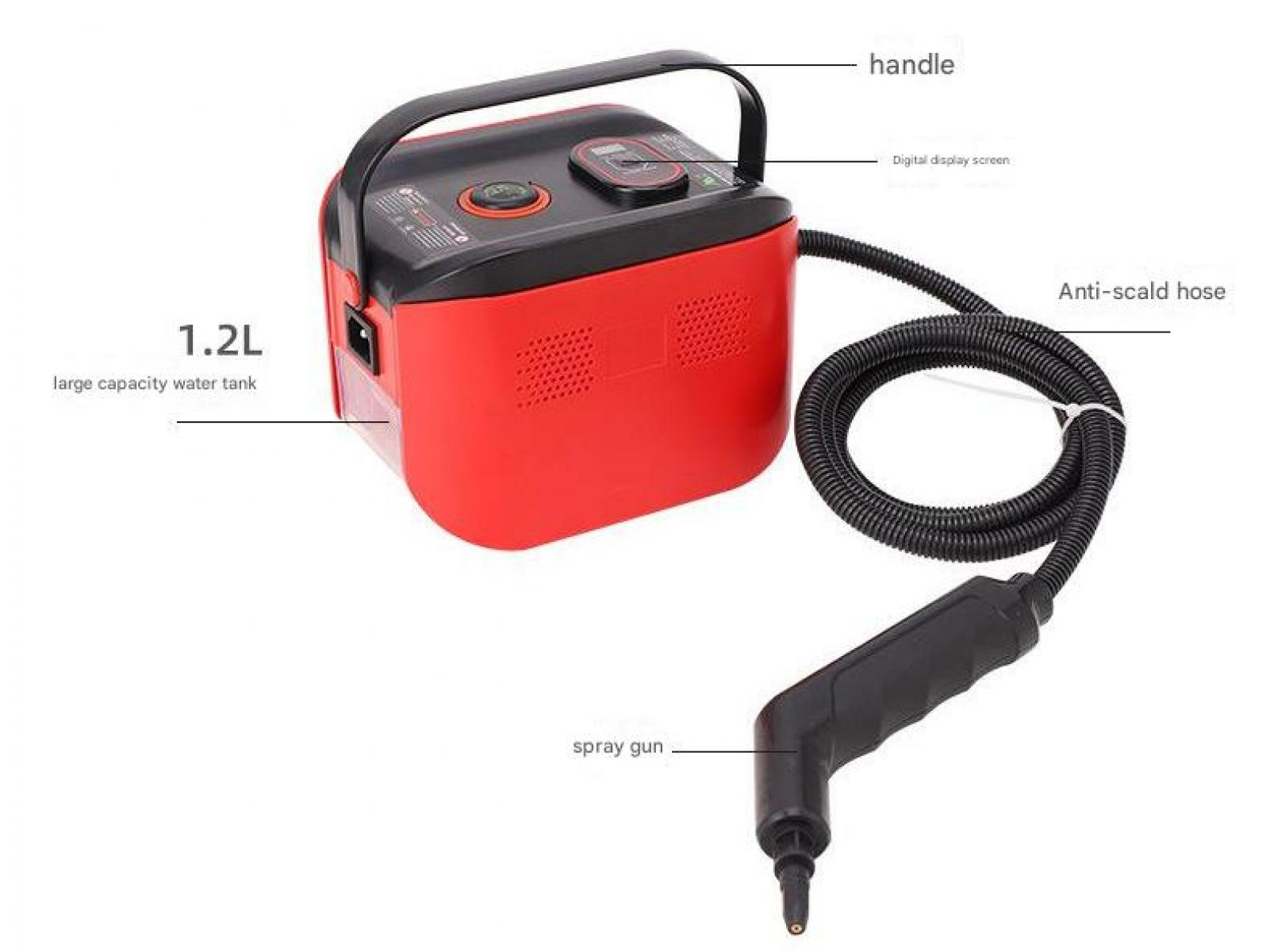 Ein roter Dampfreiniger mit 1,2L Tank, Griff, Schlauch und Spritzpistole.
