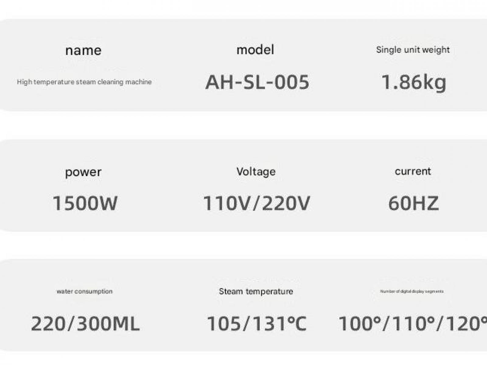 Spezifikationen: 1500W, 110V/220V, 60Hz, 1,86kg, 220/300ML, 105-131°C.
