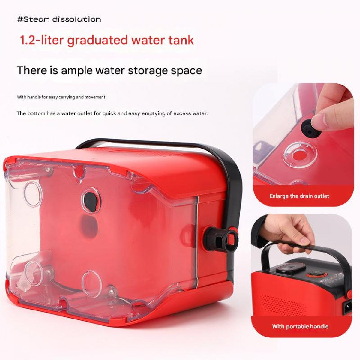 Roter Dampfreiniger mit transparentem Wassertank, Griff und Auslass.