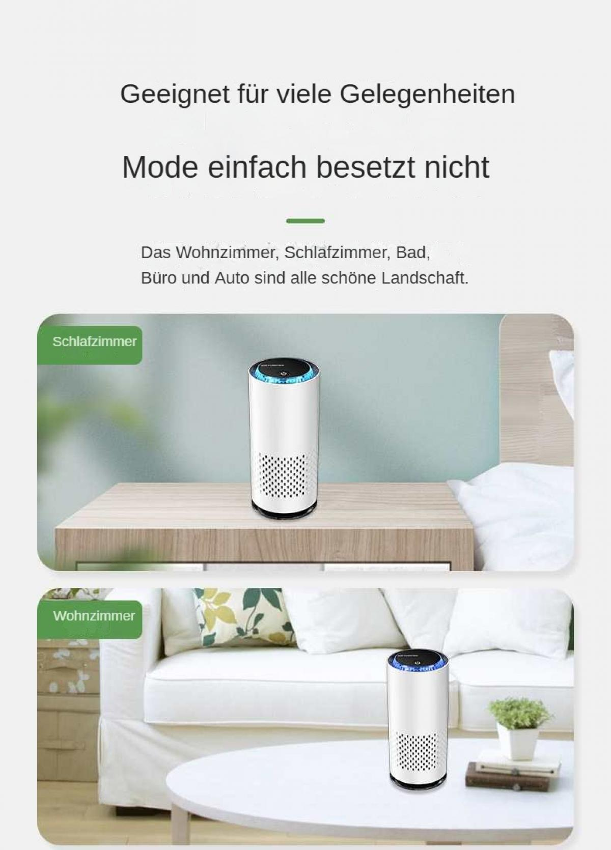 Ein weißer Luftreiniger steht auf einem Nachttisch und einem Couchtisch.