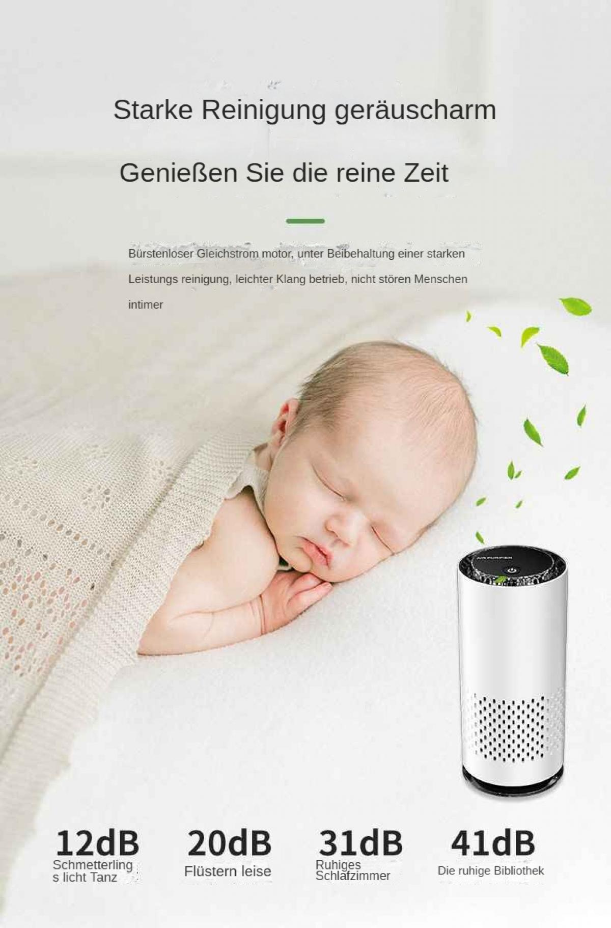 Ein schlafendes Baby neben einem weißen Luftreiniger mit dB-Angaben.