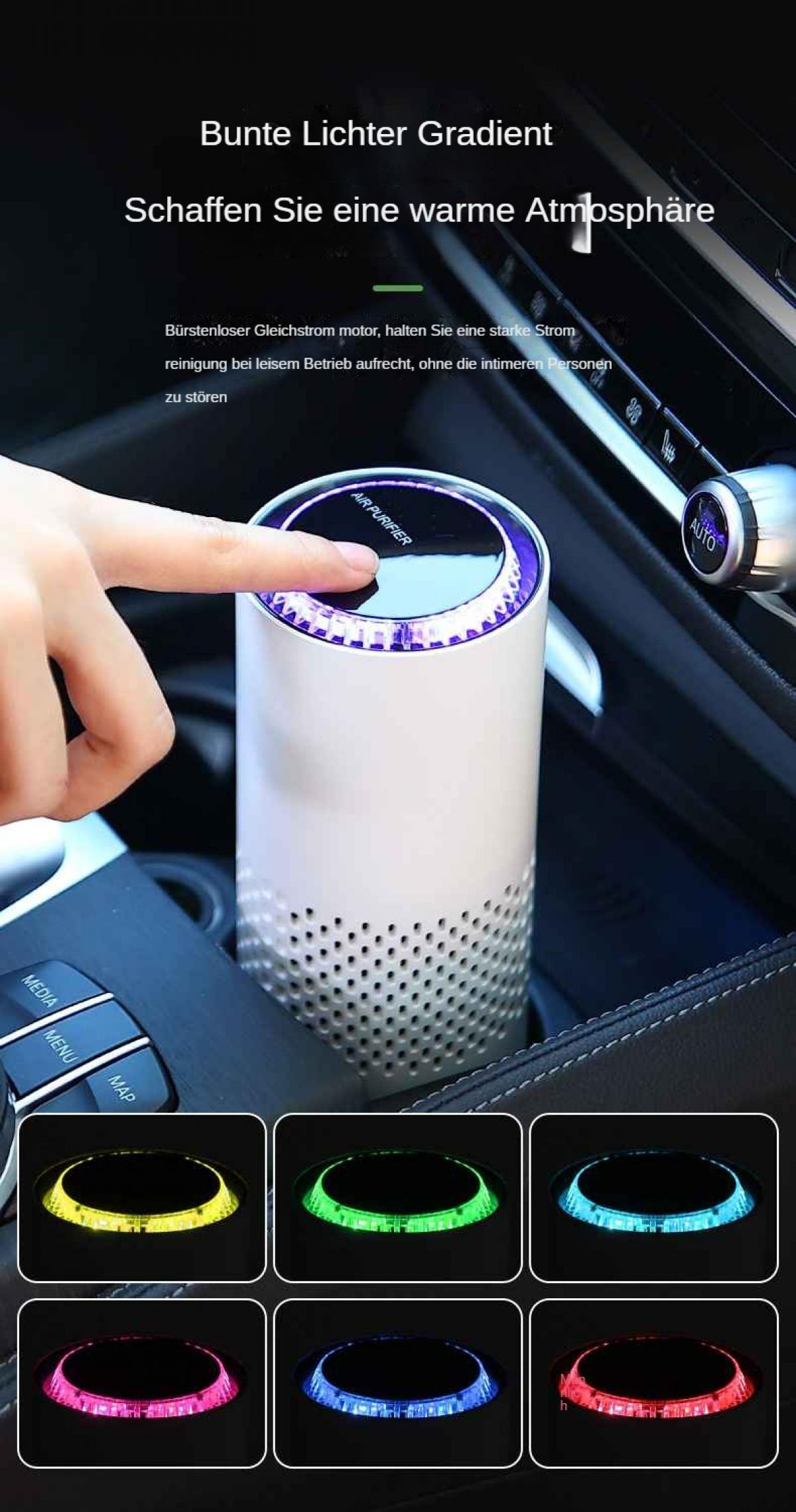 Ein weißer Luftreiniger mit bunten Lichtern in einem Auto.