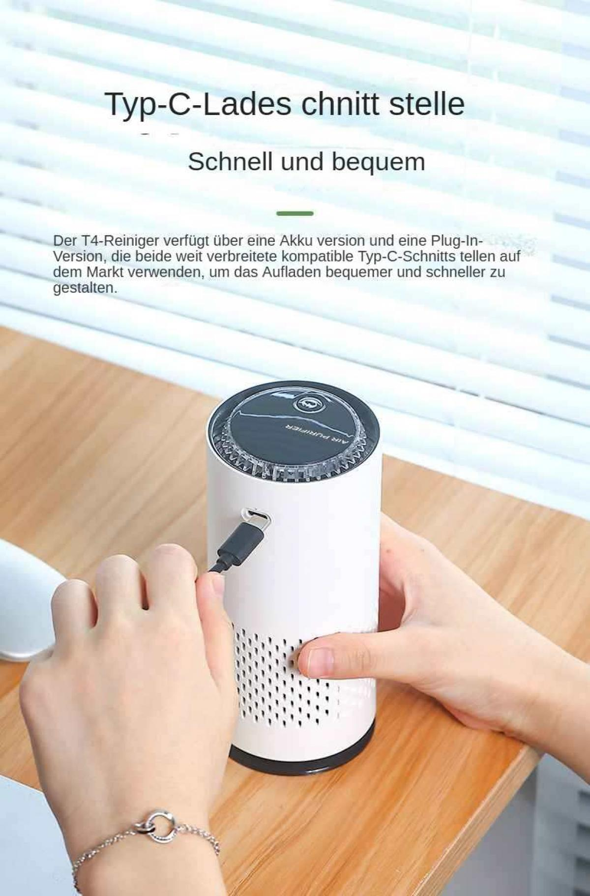 Eine Hand steckt ein Typ-C-Kabel in einen weißen Luftreiniger.