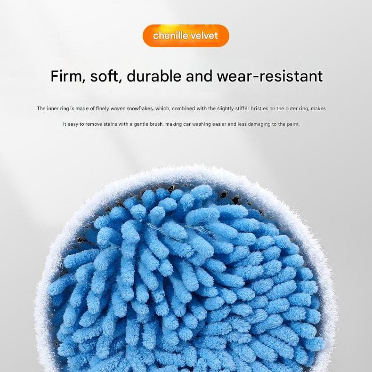 Blauer Chenille-Reinigungskopf mit weißen Rändern, Text darüber.