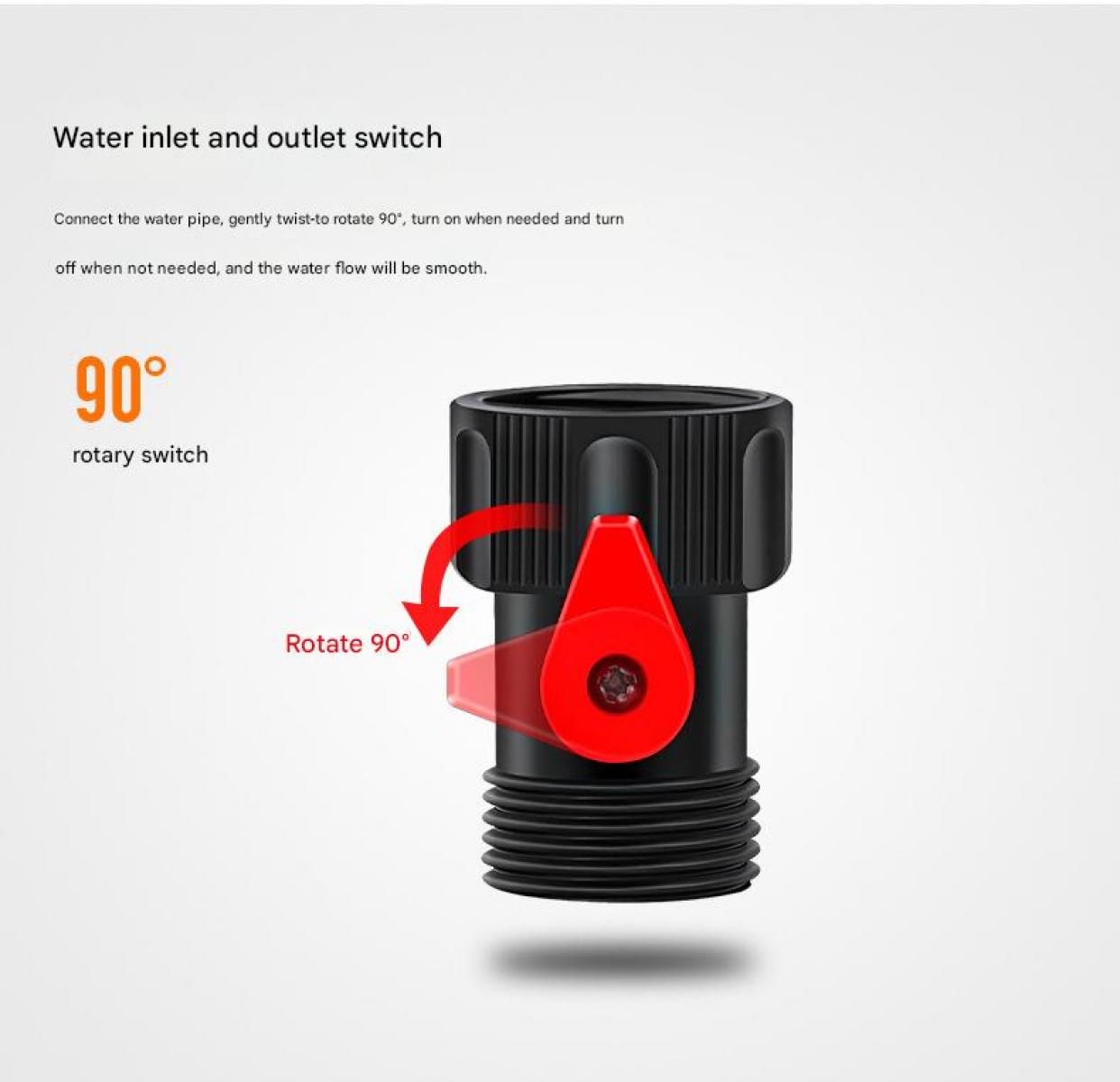 Schwarzer Wasserhahn mit rotem Hebel, der um 90° gedreht wird.