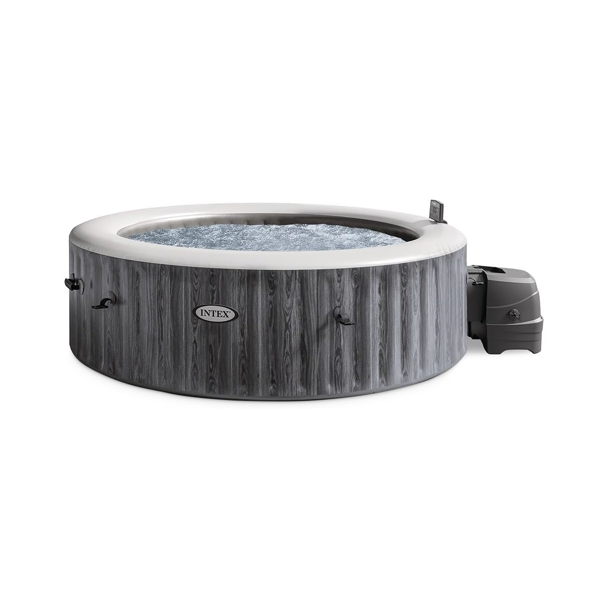 Aufblasbarer Whirlpool mit grauem Holzdekor und Steuergerät, gefüllt mit sprudelndem Wasser.