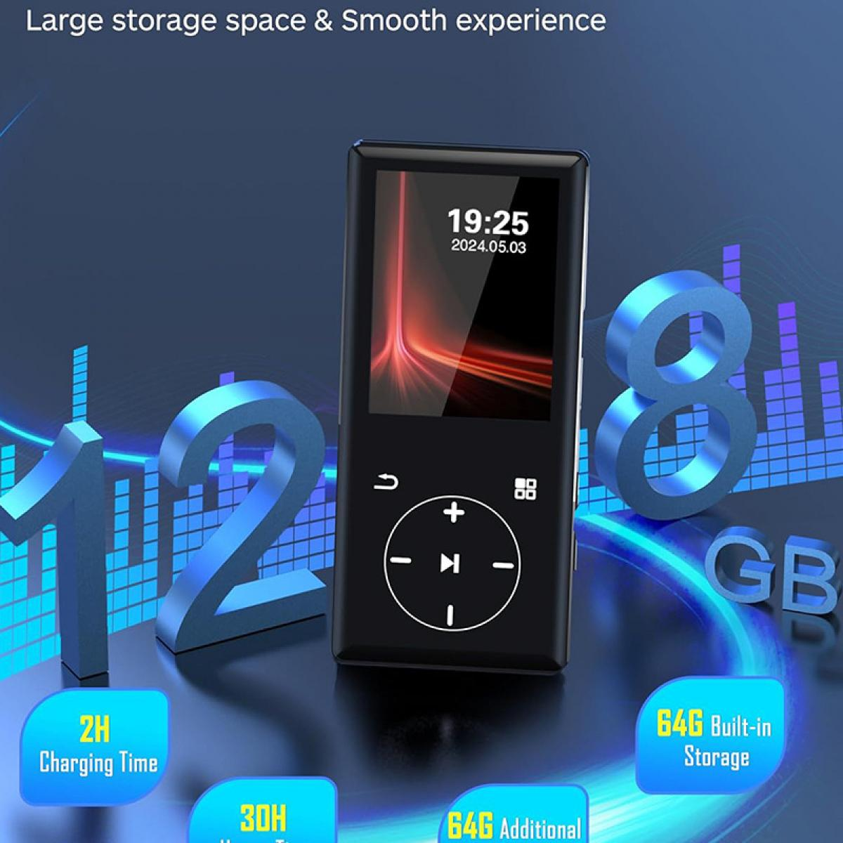 Ein schwarzer Musikplayer mit großem Bildschirm, 8 GB Speicherkapazität und Ladeinformationen.