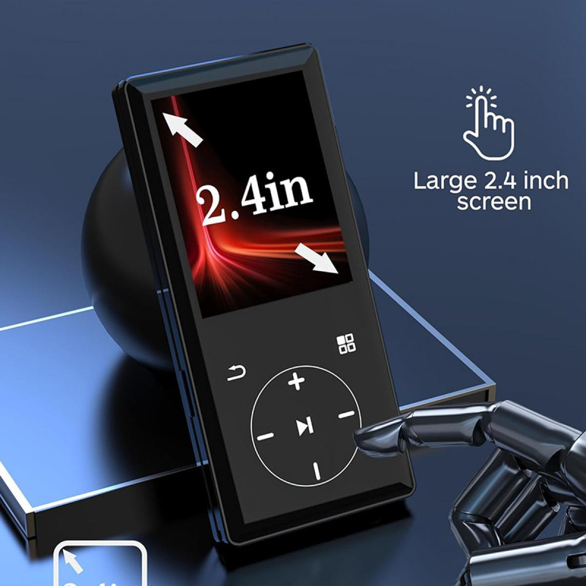 Schwarzer Musik-Player mit großem 2,4-Zoll-Bildschirm und Steuerungstasten.