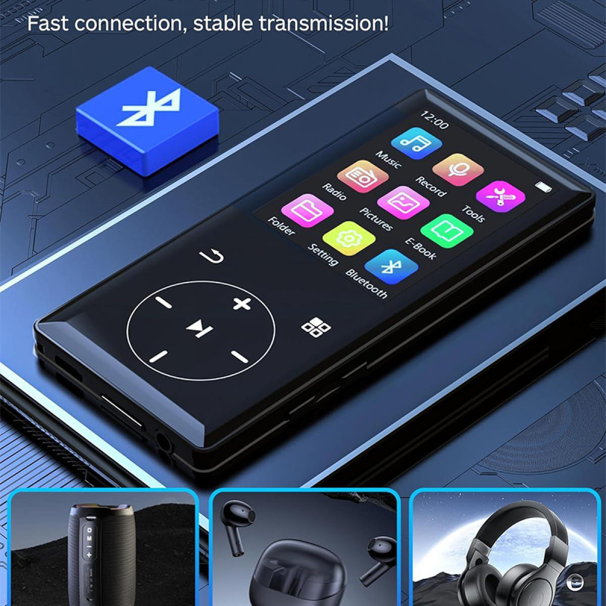 Schwarzer MP3-Player mit Symbolen für Musik, Radio, Bilder, E-Book, Werkzeuge.