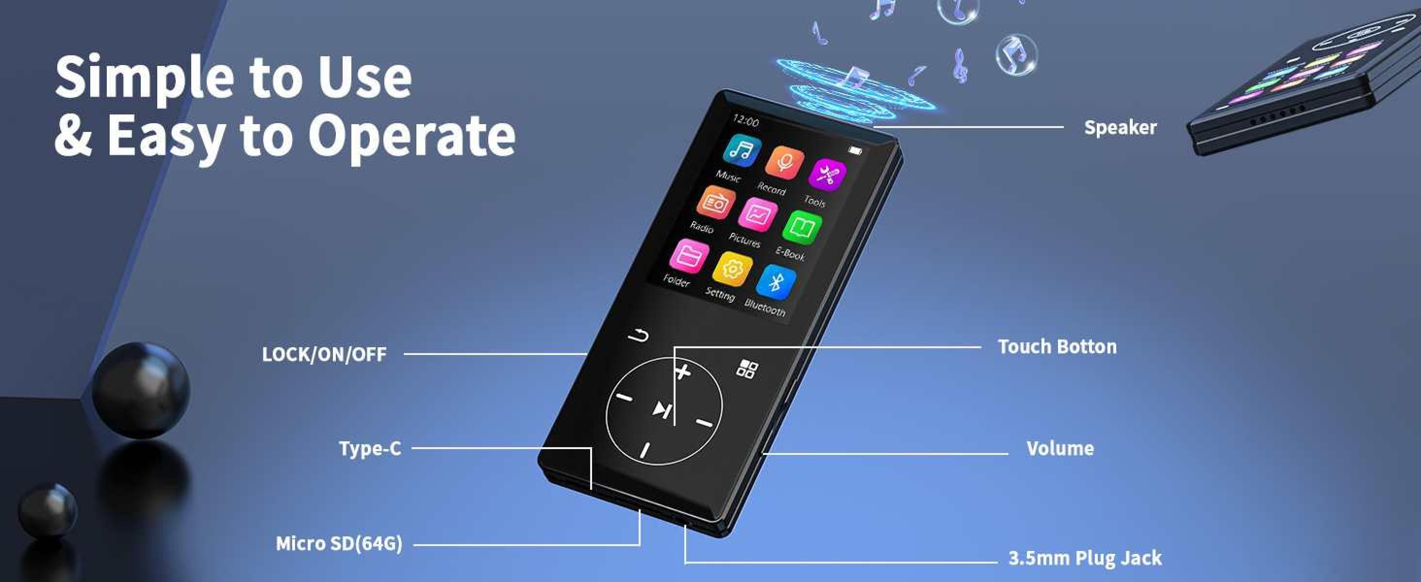 Schwarzer MP3-Player mit Touchscreen, Tasten und beschrifteten Anschlüssen.