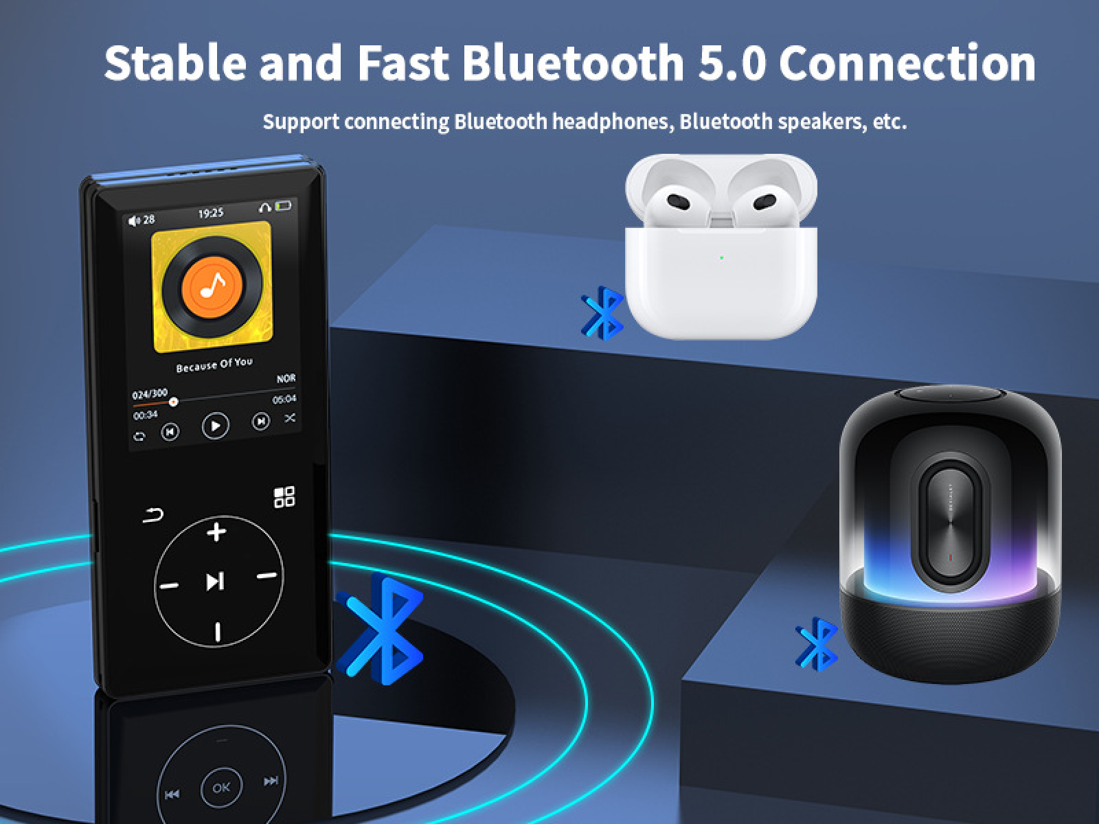 Ein Player, Kopfhörer und ein leuchtender Lautsprecher mit Bluetooth-Symbolen.