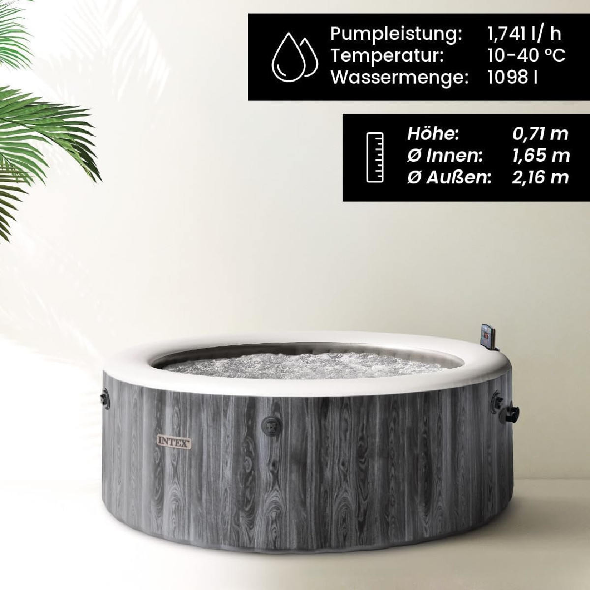Aufblasbarer Whirlpool mit Holzoptik, gefüllt mit Wasser, mit technischen Daten.