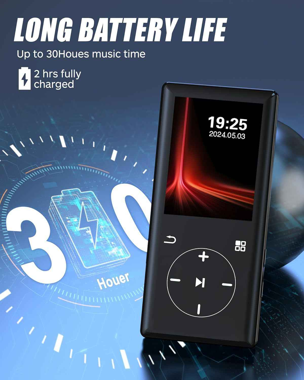 Schwarzer MP3-Player mit langer Akkulaufzeit, 30 Stunden Musikzeit, 2 Std. Aufladung.