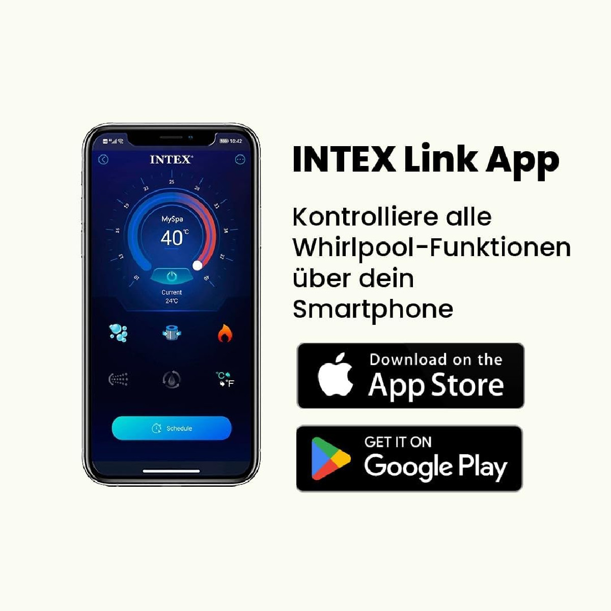 INTEX Link App auf Smartphone mit Whirlpool-Steuerung, App Store & Google Play Icons.