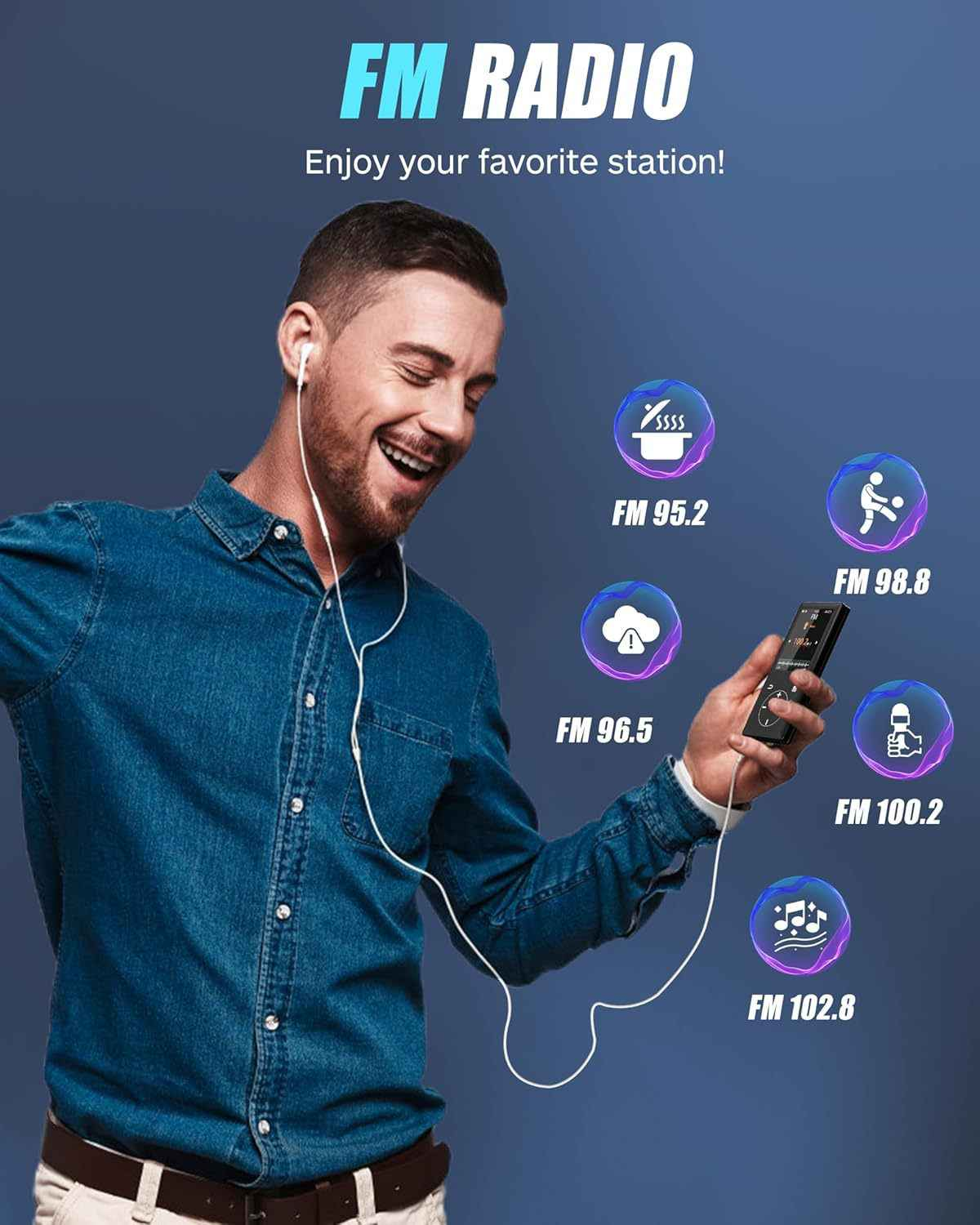 Mann mit Kopfhörern hört FM Radio mit Stationen 95.2, 98.8, 96.5, 100.2, 102.8.