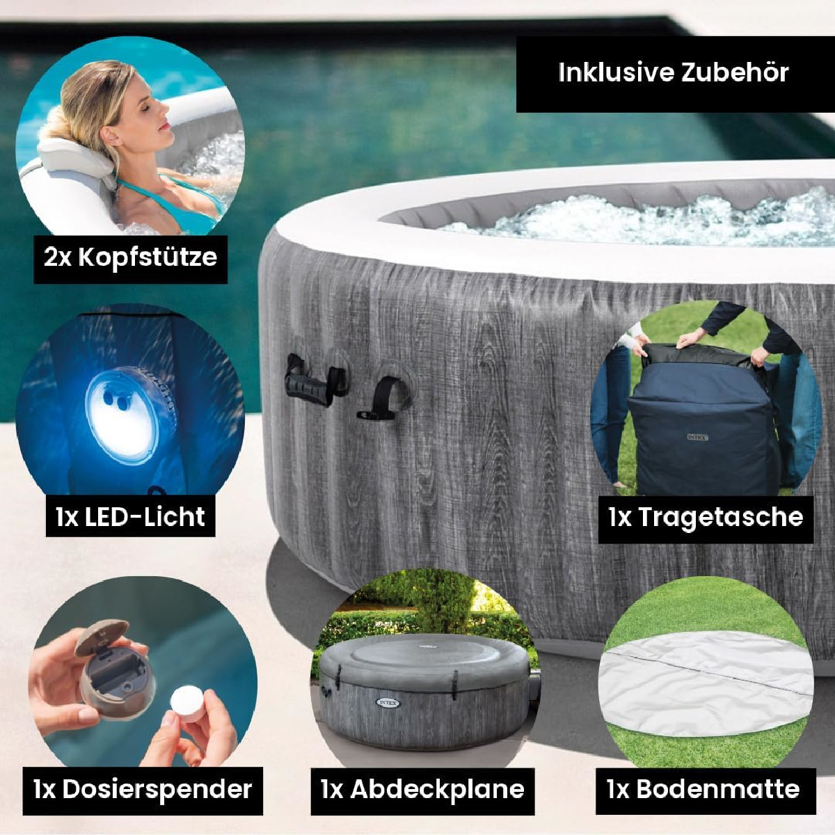 Aufblasbarer Whirlpool mit Zubehör: Kopfstützen, LED-Licht, Tasche, Spender, Plane, Matte.
