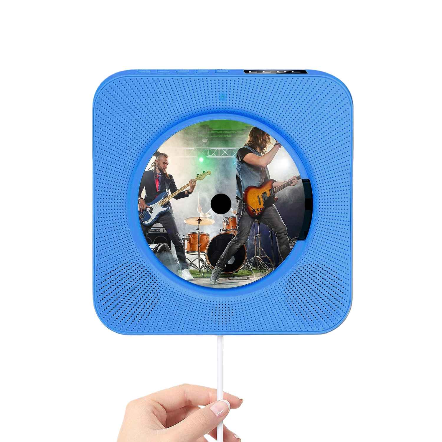 Blauer CD-Player zeigt Band auf einer Bühne mit Gitarristen und Schlagzeuger.
