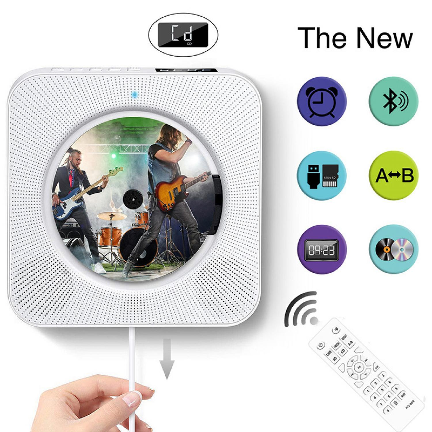 Ein weißer CD-Player mit Band auf dem Bildschirm, Fernbedienung und Icons.