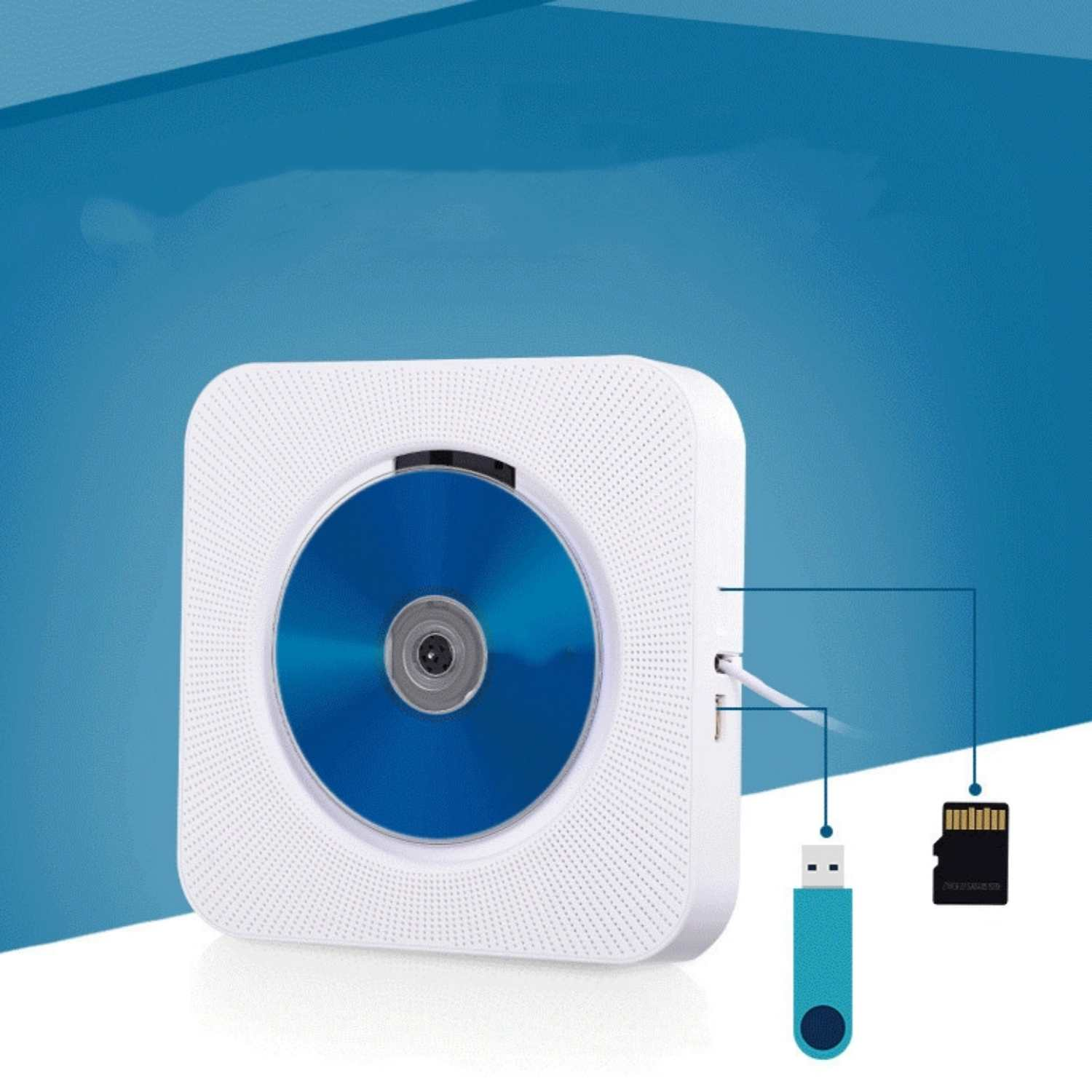 Weißer CD-Player mit blauer Disc, verbunden mit USB und SD-Karte.
