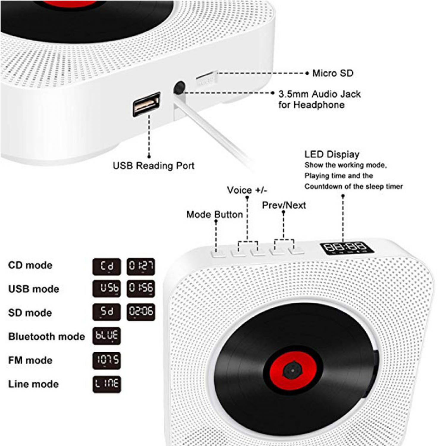 Weiße CD-Player-Vorderseite mit Vinyl-Dekor, USB, SD, Bluetooth, FM, Line-Modi.
