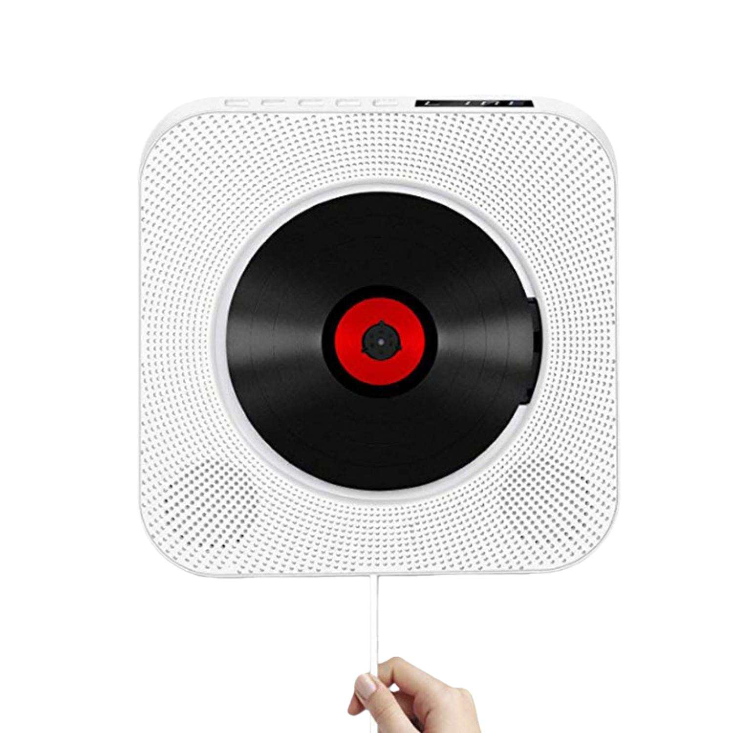 Ein weißer CD-Player mit Vinyl-Optik-Design, von Hand gehalten.