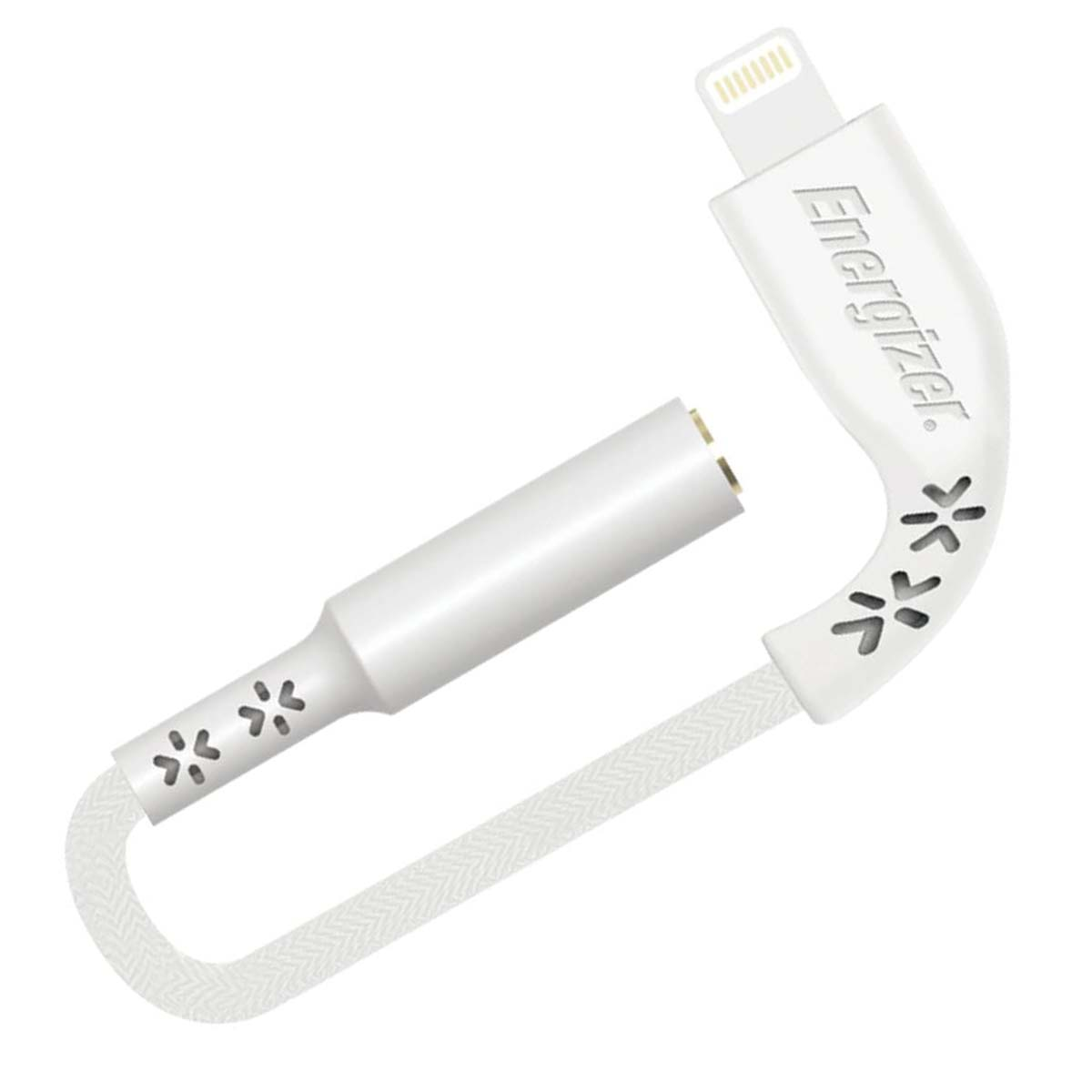 Ein weißer Energizer-Adapter mit Lightning-Anschluss und Audiobuchse.