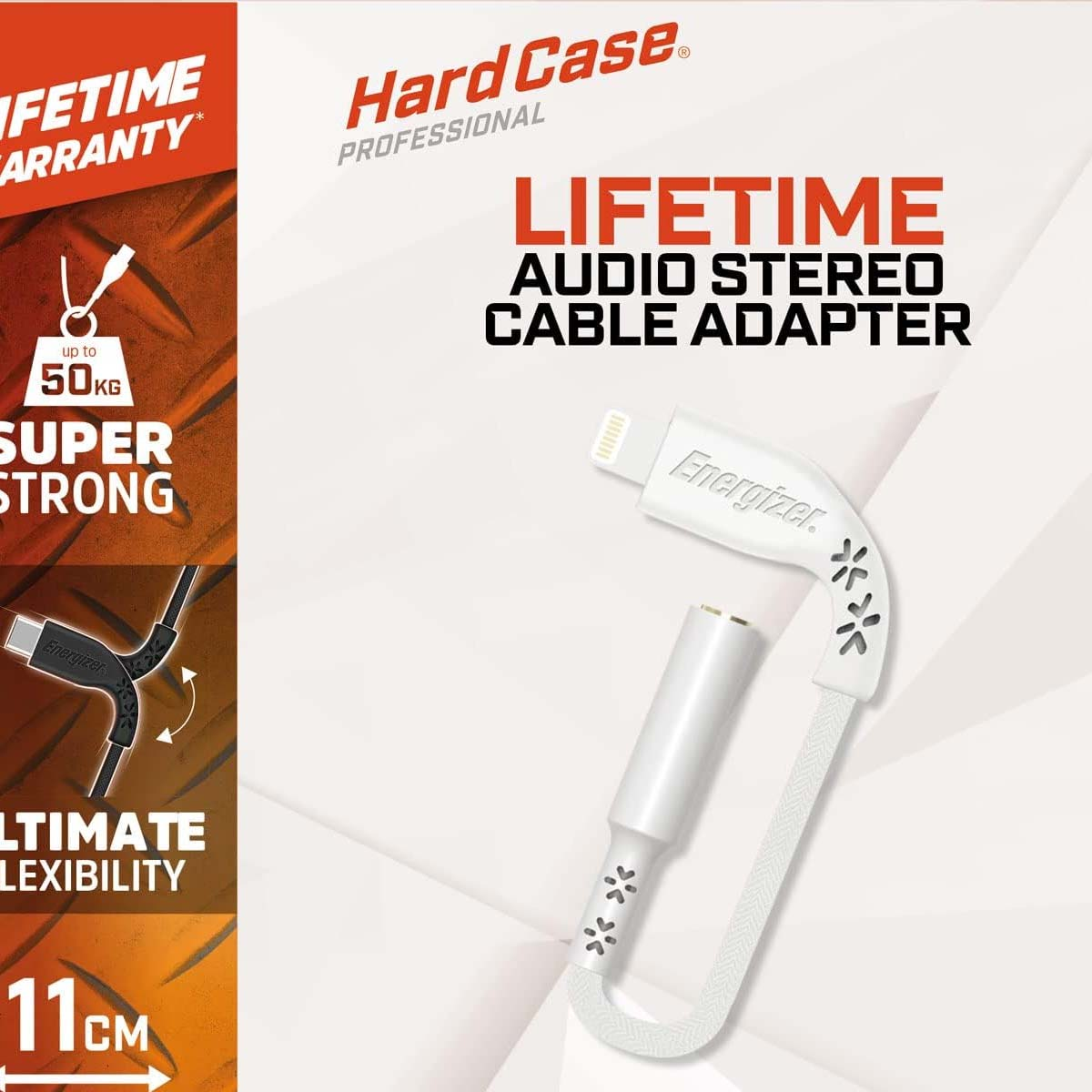 Ein weißer Energizer Audio-Adapter mit Lightning-Anschluss und 3,5-mm-Buchse.