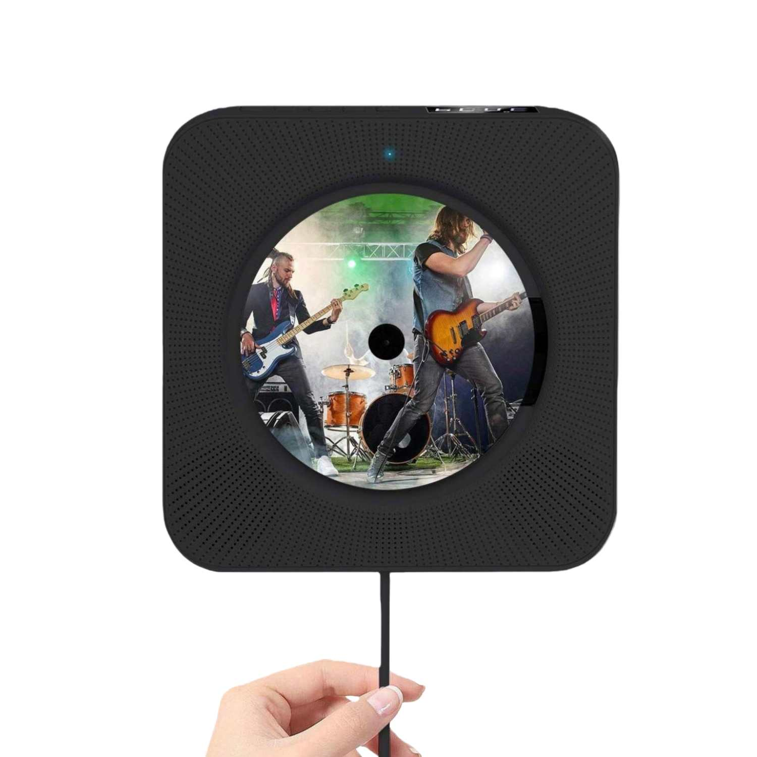 Ein schwarzer CD-Player zeigt Musiker auf einer Bühne mit Schlagzeug und Gitarren.