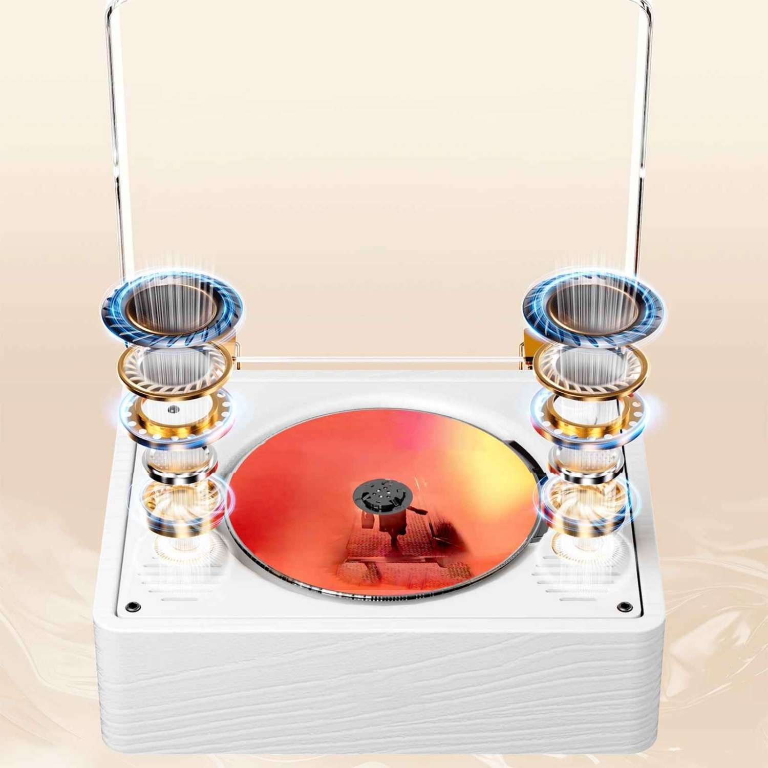 Weißer CD-Player mit roten/orangen CD und Lautsprecher-Detailansicht.