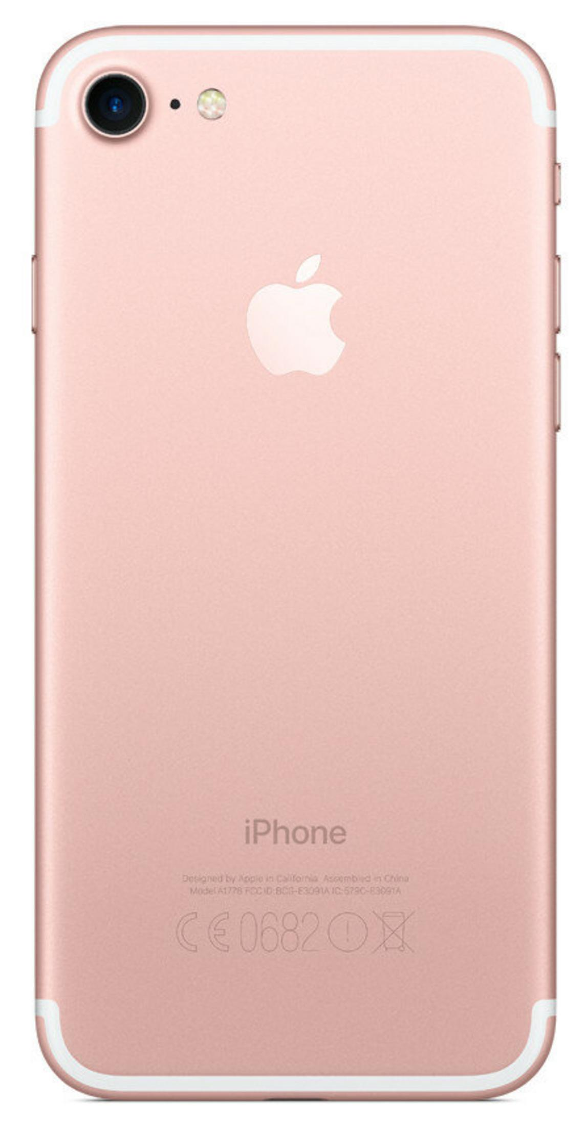 Różowo-złoty tył iPhone'a z aparatem, logo Apple i detalami tekstowymi.