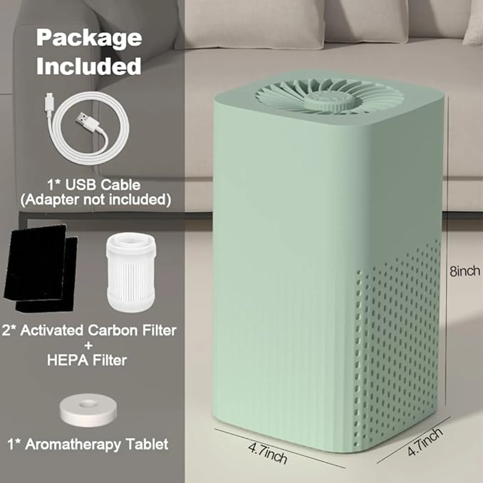 Grüner Luftreiniger mit USB-Kabel, Filtern und Aromatherapie-Tablette.