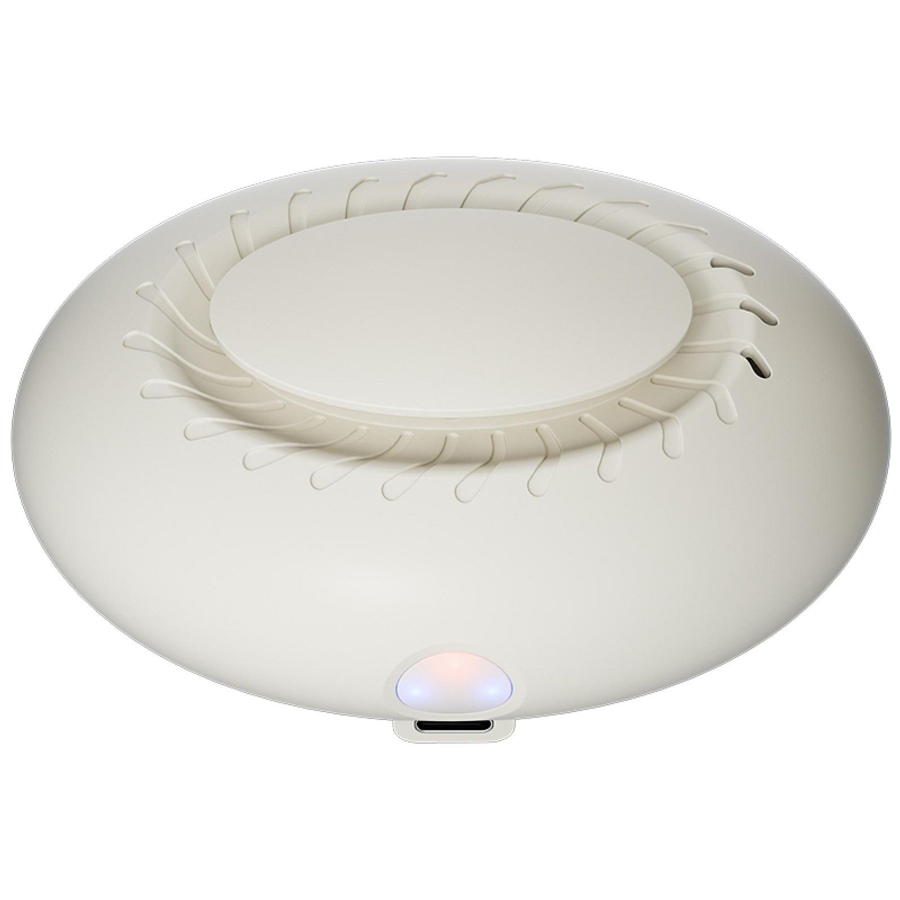 Ein weißer, runder Diffusor mit Lüftungsschlitzen und einer blauen/orangen LED-Anzeige.