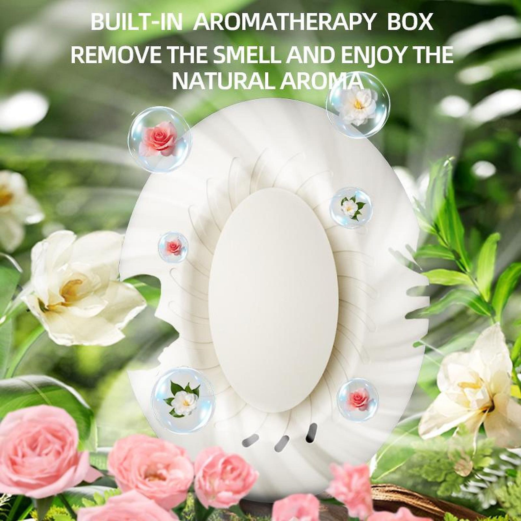 Ein weißer Aromatherapie-Diffusor mit Blumen im Hintergrund.