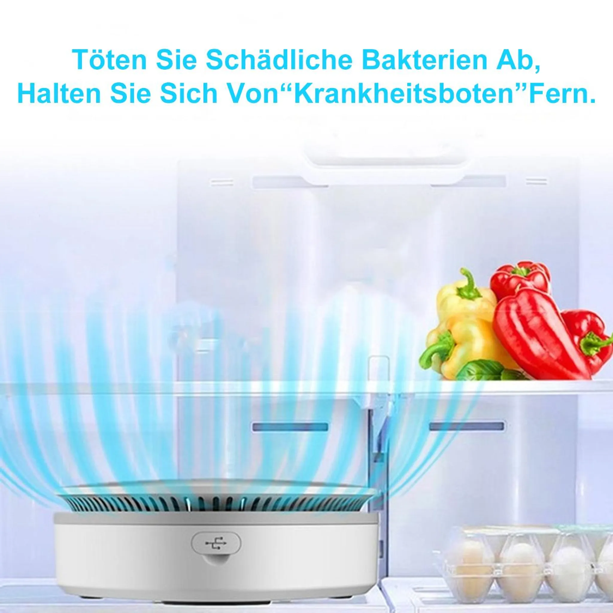 Ein weißes Gerät mit blauen Luftströmen im Kühlschrank, neben Paprika und Eiern.