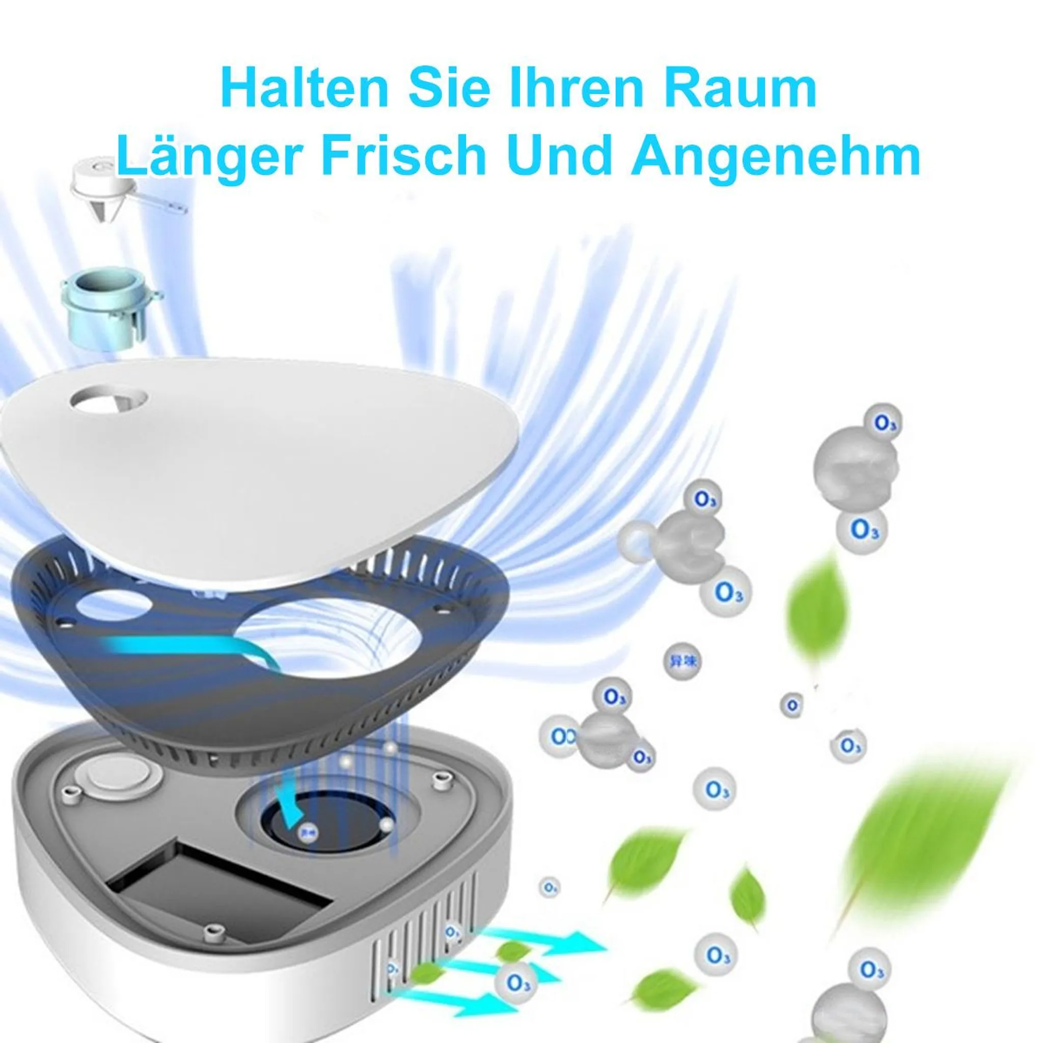 Ein Luftreiniger mit Ozonmolekülen und Blättern