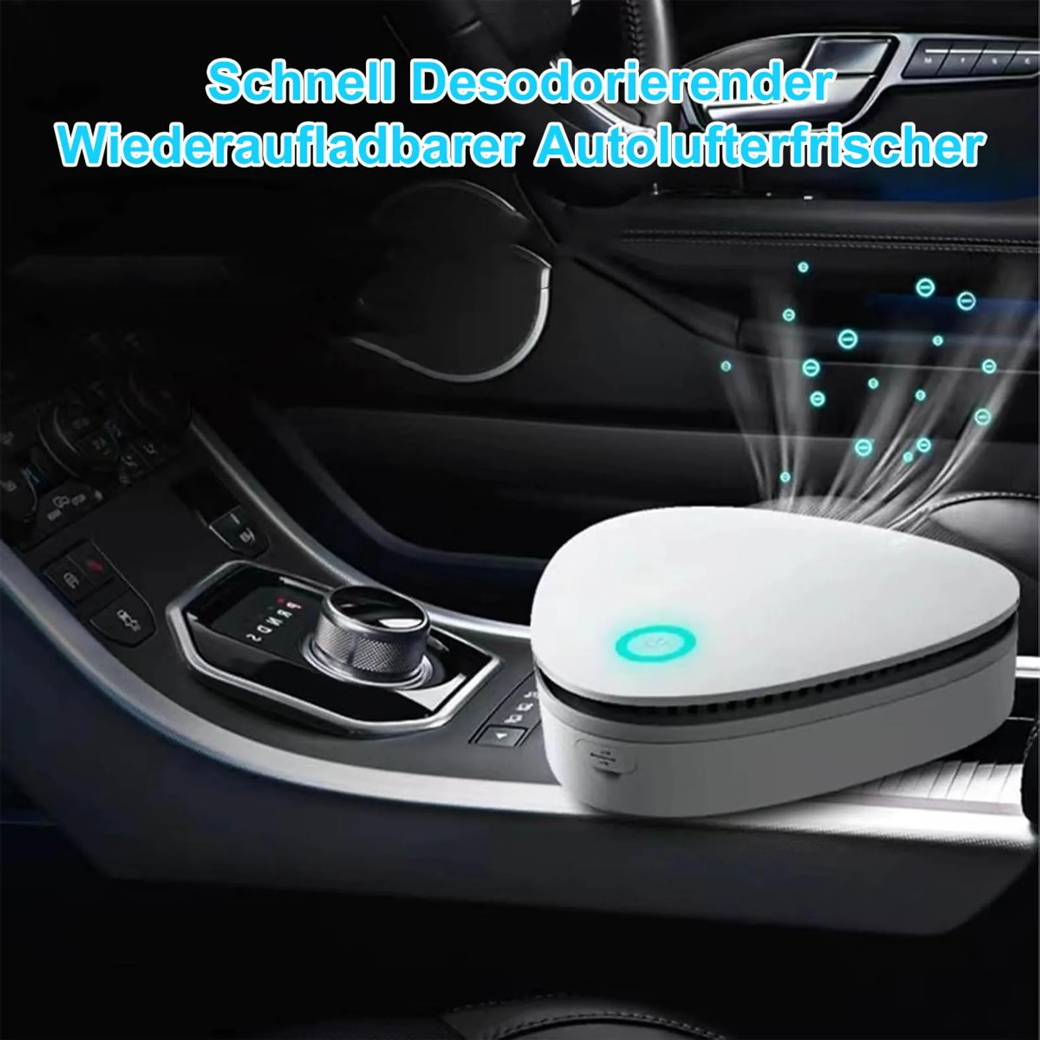 Ein weißer Luftreiniger im Auto mit blauem Licht, der Luft ausstößt.