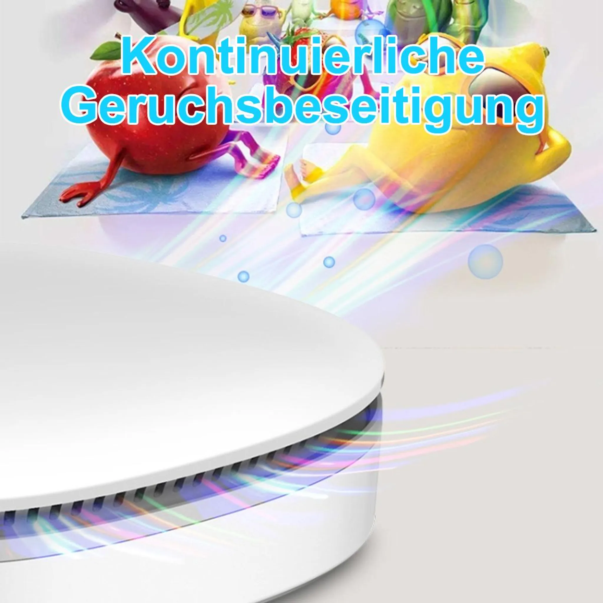 Ein weißes Gerät gibt bunte Luft aus, im Hintergrund lustige Früchte.