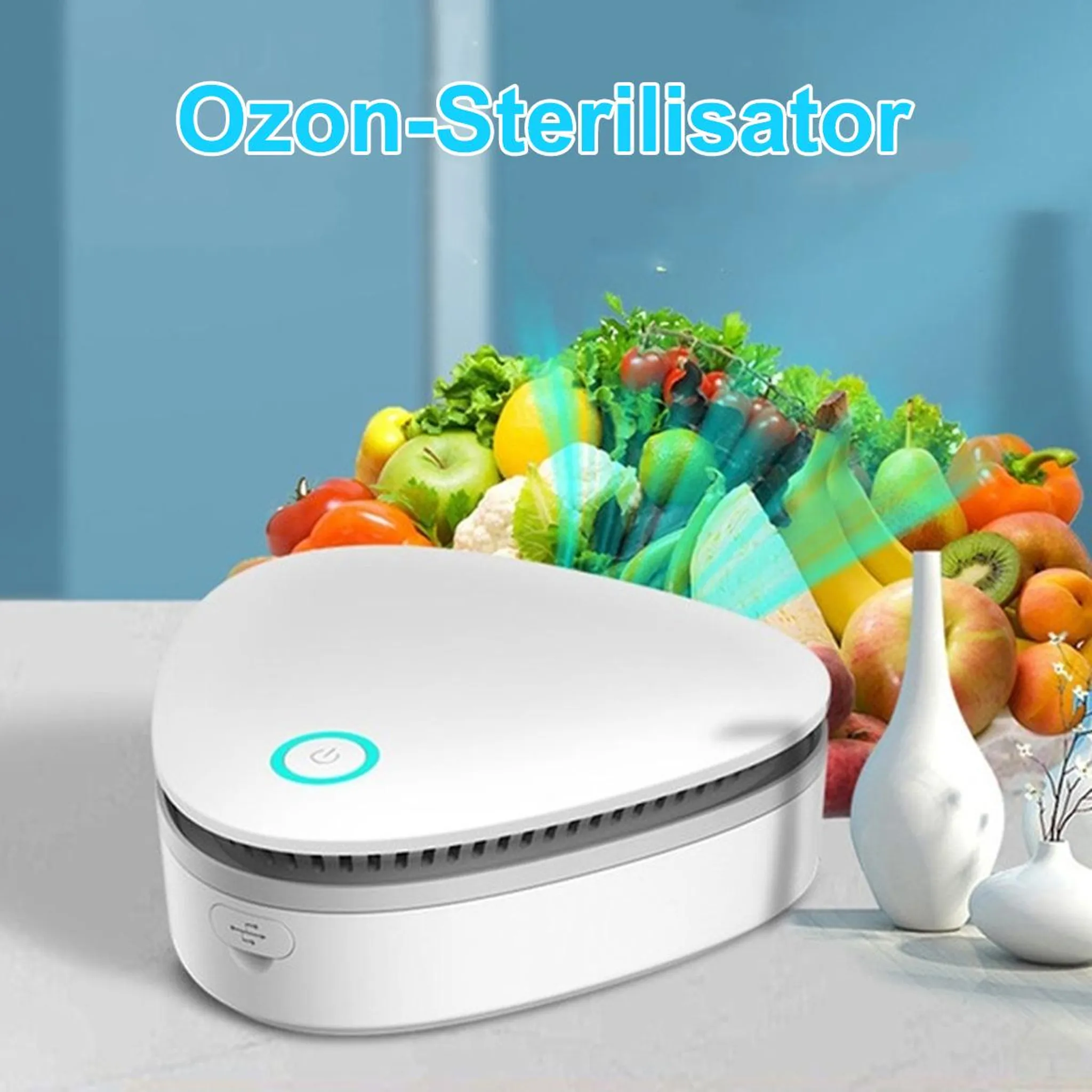Ein weißer Ozongenerator steht vor einem Haufen Obst und Gemüse.