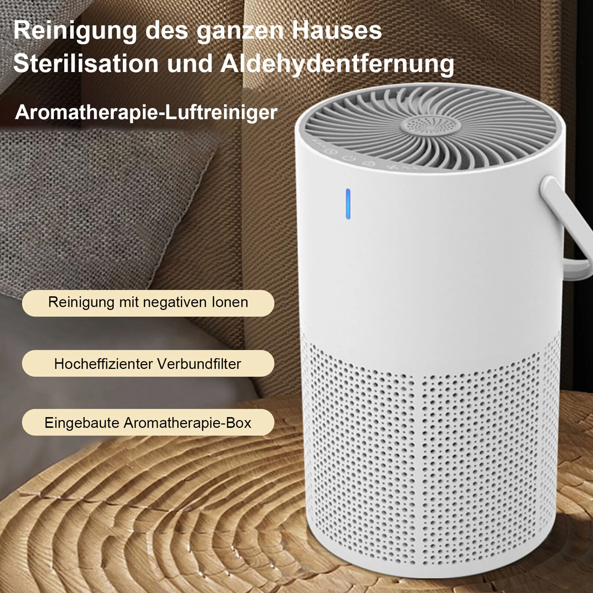 Ein weißer Luftreiniger mit Aromatherapie-Funktion steht auf einem Holztisch.