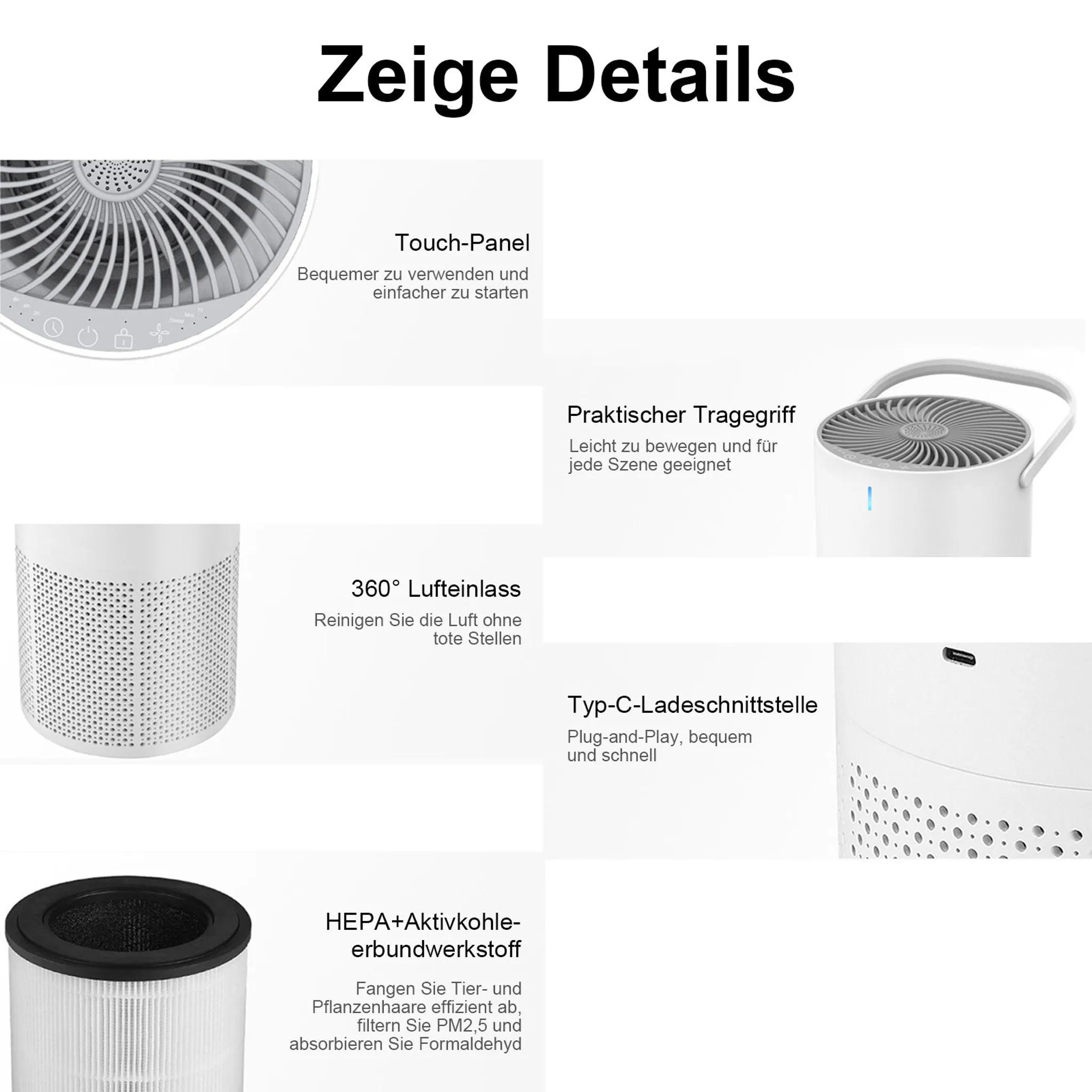 Details eines weißen Luftreinigers mit Touch-Panel, Tragegriff und HEPA-Filter.